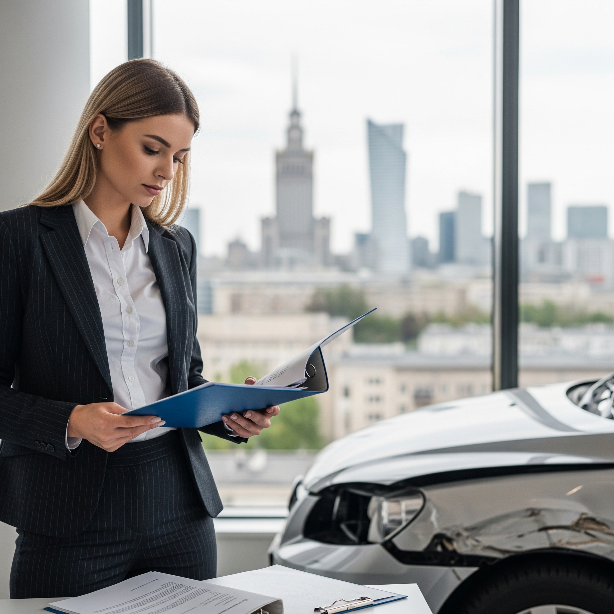Samochód po wypadku komunikacyjnym w Warszawie Ursus, symbolizujący potrzebę odszkodowania.